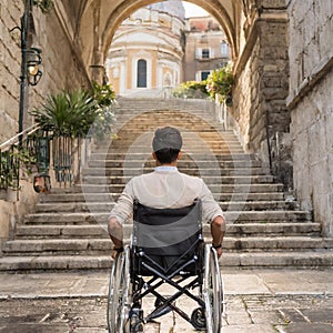 A man in a wheelchair faces of stairs