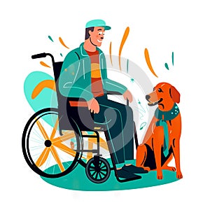 A man in a wheelchair, smiling and with his service dog by his side.