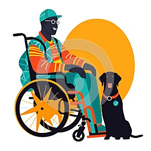 A man in a wheelchair, smiling and with his service dog by his side.