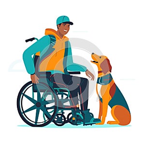 A man in a wheelchair, smiling and with his service dog by his side.