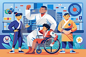 A man in a wheelchair speaking to a diverse group of individuals in a meeting or presentation, Paralympic judo Customizable