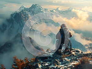 A man in a wheelchair on top of a mountain. AI generated.