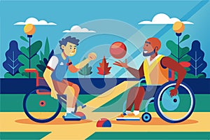 A man in a wheelchair tosses a ball to another man in a wheelchair in a recreational activity, Paralympic boccia Customizable Semi