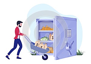 Man wheeling barrow of money bags to an open safe full of cash and gold bars. Wealthy business person bank depositing
