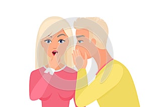 Man whispering gossip or secret rumors to woman. Gossiping secret people vector illustration.