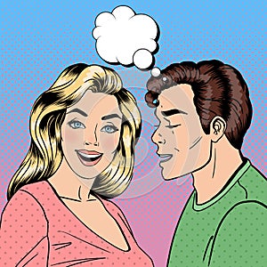 Man Whispering Secret to his Girlfriend. Happy Couple. Pop Art