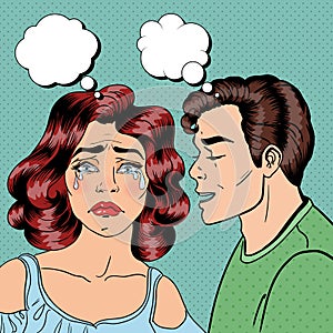 Man Whispering Something to his Crying Girlfriend. Pop Art