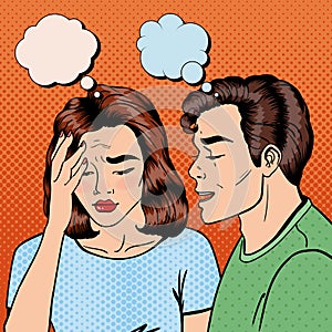 Man Whispering Something to his Stressed Girlfriend. Pop Art