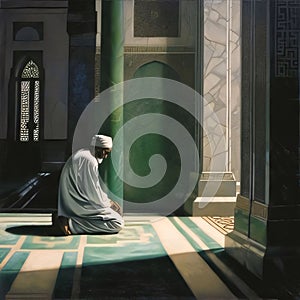 A man in white attire kneeling for prayer in a mosque. Ramadan as a time of fasting and prayer for Muslims