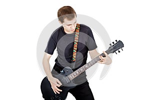 Man on a white background. Performer with an electric guitar