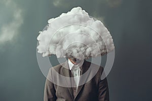 Man with white cloud instead of head. Dreaming mind surreal abstract brain concept