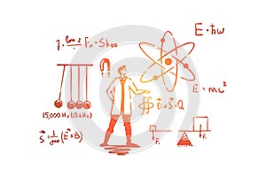 Man in white coat, science experiment, Newton cradle,complex equations, Einstein formula