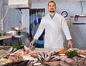 Man in white cover-slut showing fish on counter