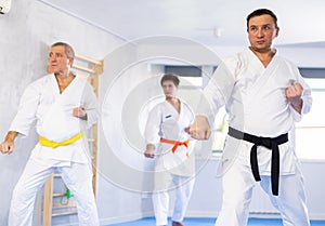 Man in white kimono performing kata routines at martial arts training