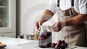 A man in a white kitchen helps to preserve fresh plums. Male hands and plums in a jar close-up. Design for a cooking