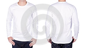 Man in white long sleeve t-shirt isolated on white background