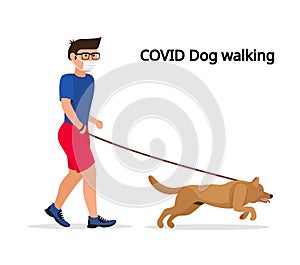 Man in white medical protective mask and medical gloves, walking with their dog. Coronavirus quarantine vector