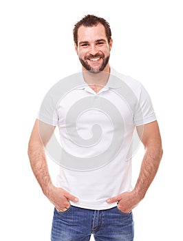 Man in a white polo shirt