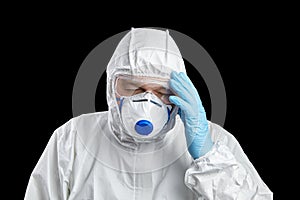 Man in white protective suit and respirator and glasses