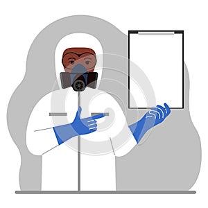 A man in a white radiation protective suit and a helmet with a respirator, chemical or biological safety uniform. Holds