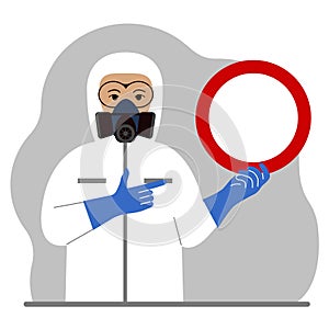 A man in a white radiation protective suit and a helmet with a respirator, chemical or biological safety uniform. Holds