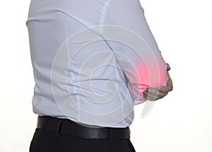 A man in a white shirt holds on to the right patient`s elbow, a white background red elbow,