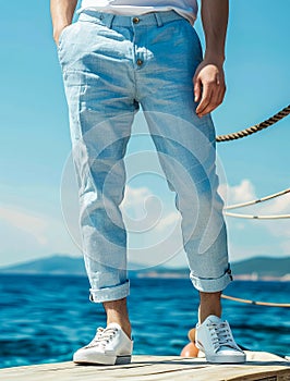A man in white sneakers standing on a dock