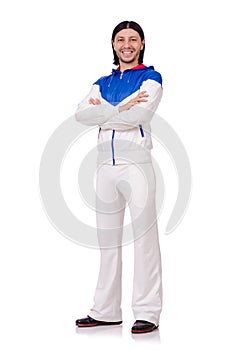 A man in white sportswear isolated on the white photo