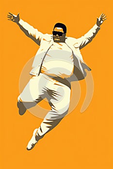 A man in a white suit and sunglasses jumping in the air, AI