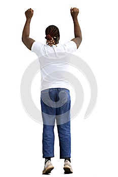 A man in a white T-shirt on a White background with his hands raised up, back view