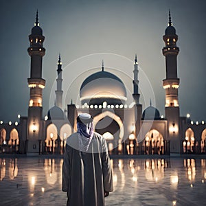 A Man in White Thawb Arabic Clothes Is Looking at the Grand Mosque in the Evening