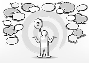 Man who ask and many blank speech bubbles, black and white, vector illustration, outline design