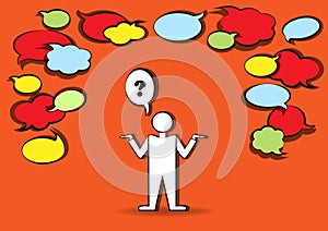 Man who ask and many blank speech bubbles, horizontal vector illustration, outline