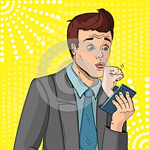 A man who is completely subordinate to his wife. Kisses the fist. Holds the phone. comic style raster illustration.