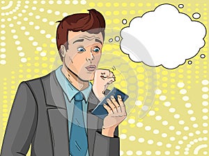 A man who is completely subordinate to his wife. Kisses the fist. Holds the phone. Text bubble. Comic style vector