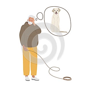 Man who lost dog. Sad man stands with leash and thinks about his dog. Dog lost or ran away. Senior man with gray beard