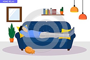 Man who relaxes lying on the sofa