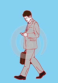 Side portrait businessman walking  using smart phone