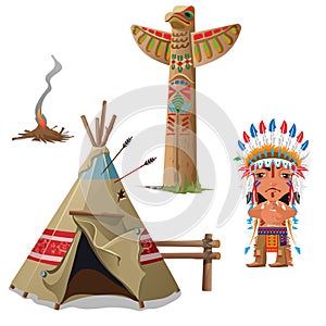 Man, wigwam, bird totem and fire. Indian set