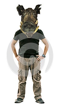 Man with wildpig head mask isolated photo