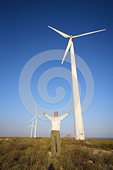 Man and wind turbines