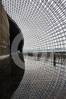 Man and windows in modern building