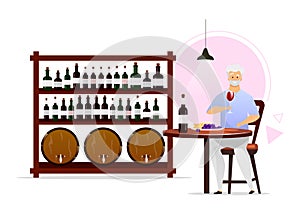 Man in wine cellar flat color vector illustration