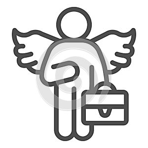 Man with wings and bag line icon, startup concept, business angel sign on white background, investor icon in outline