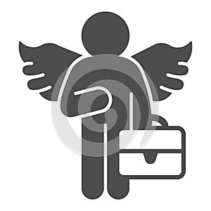 Man with wings and bag solid icon, startup concept, business angel sign on white background, investor icon in glyph