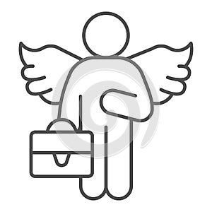 Man with wings and bag thin line icon, startup concept, business angel sign on white background, investor icon in