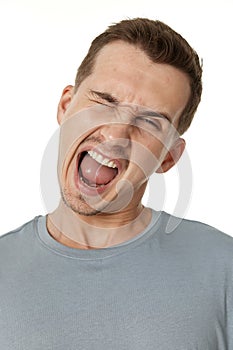man winking looking at the camera on white background