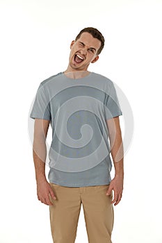 man winking looking at the camera on white background