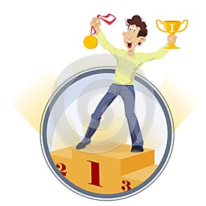 Man winner in first place on podium. Triumph of male. Illustration for internet and mobile website