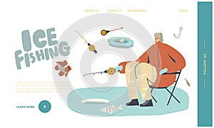 Man Winter Fishing Relaxing Hobby Landing Page Template. Fisherman Character in Warm Clothes and Earflaps Sit with Rod